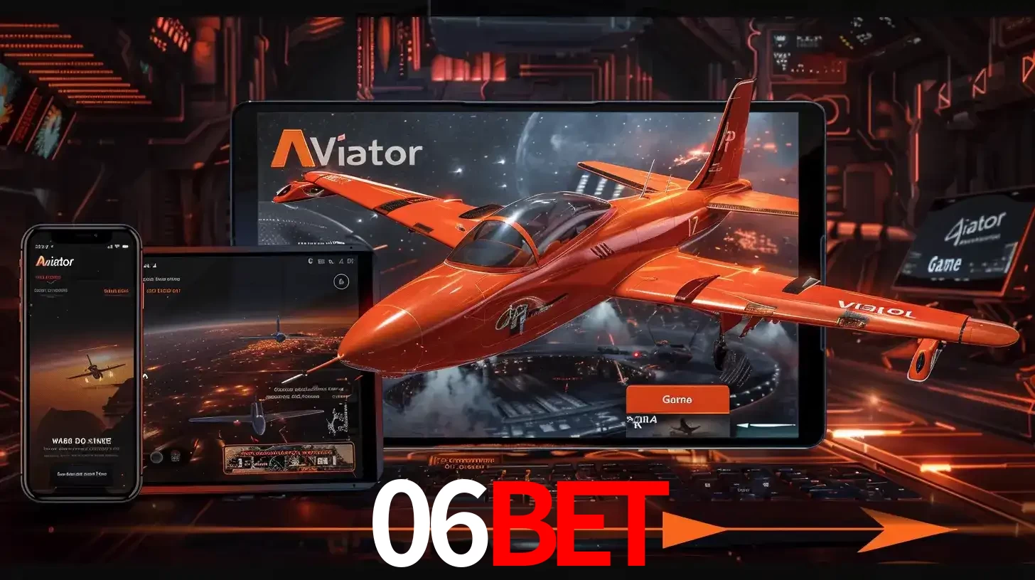 Apresentação tecnológica do jogo Aviator com um avião saindo da tela de um tablet, demonstrando a experiência imersiva em múltiplos dispositivos no 06bet.