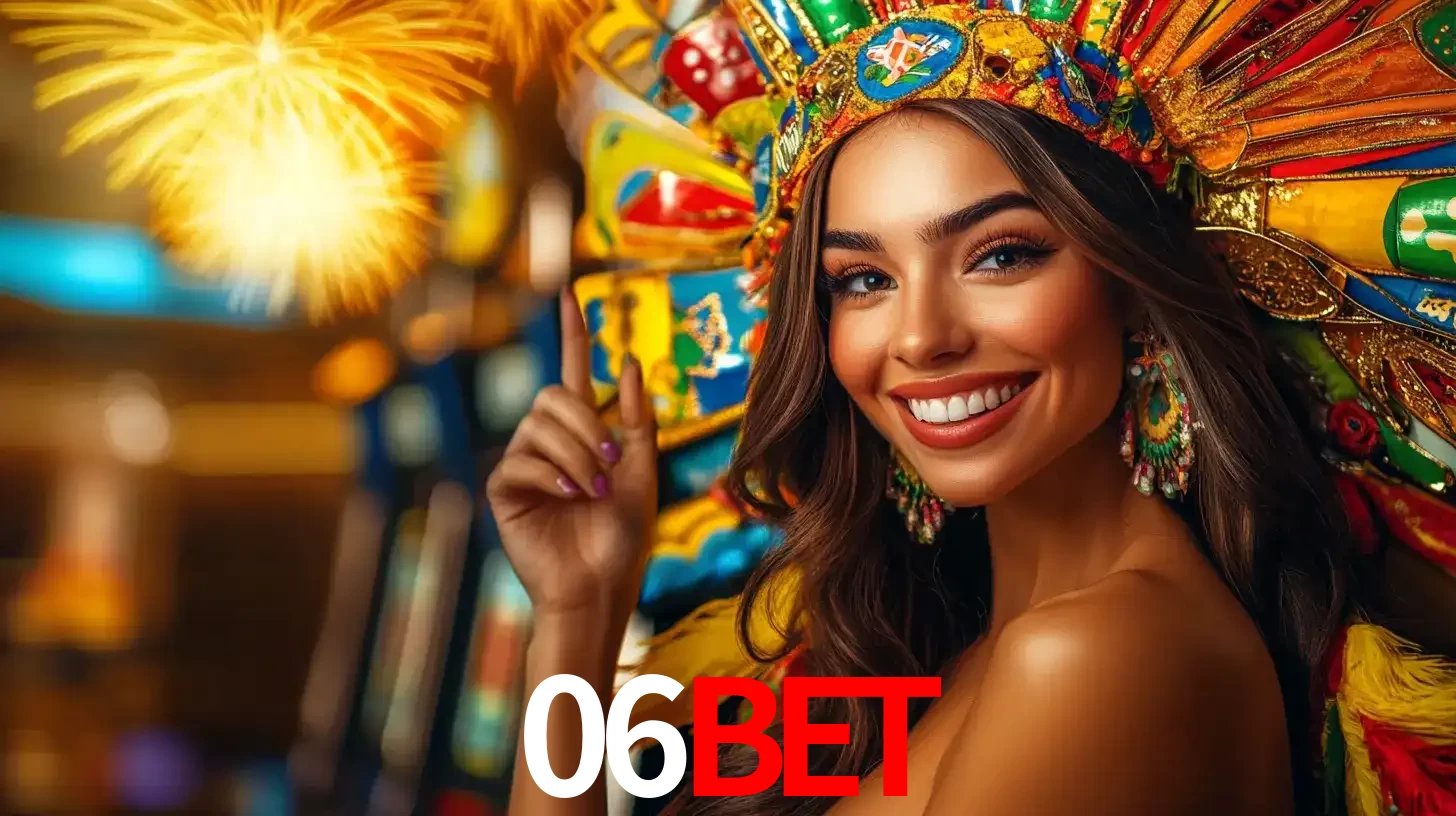 Mulher sorridente com um cocar de carnaval vibrante e colorido, celebrando uma grande vitória nos jogos do cassino 06bet com fogos de artifício ao fundo.