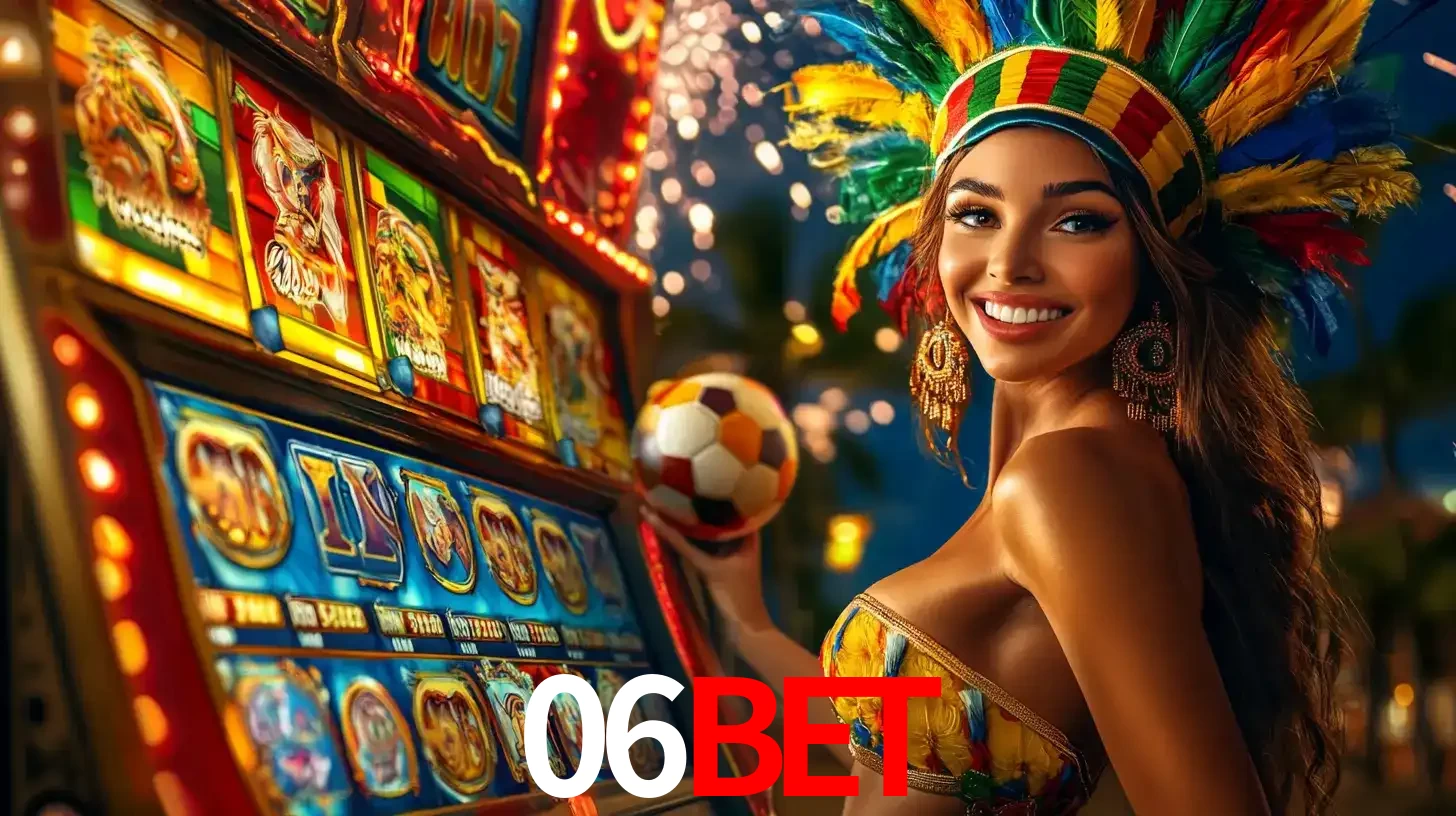 Mulher com um cocar de carnaval ao lado de uma máquina de caça-níqueis enquanto segura uma bola de futebol, mostrando a união da diversão de cassino e esportes no 06bet.