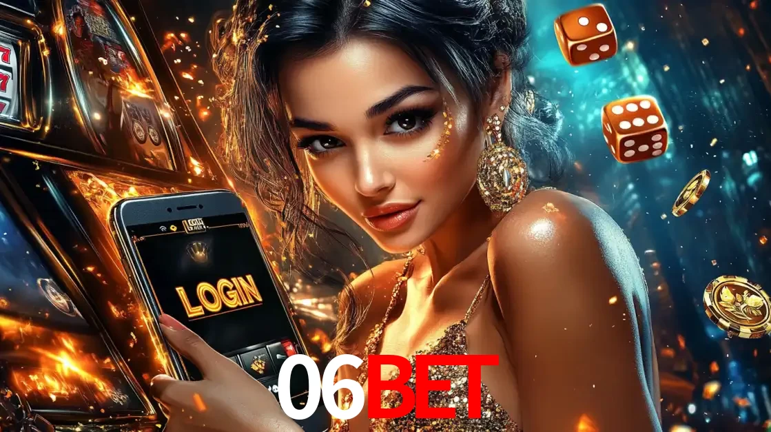 Mulher glamourosa segurando um celular com a tela de login do cassino 06bet, rodeada por dados e moedas douradas, pronta para começar a diversão.