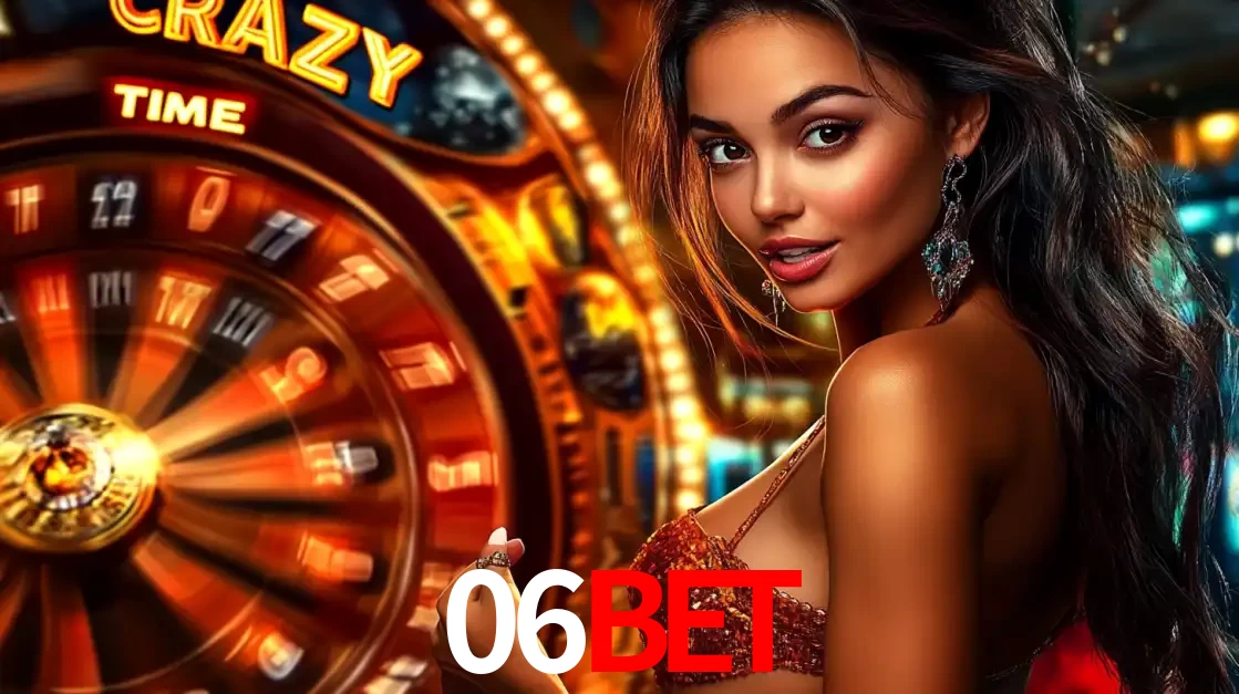 Mulher ao lado da roda de prêmios do jogo de cassino ao vivo Crazy Time, um dos shows de jogos mais emocionantes oferecidos pela plataforma de apostas 06bet.