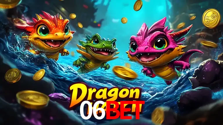 Arte promocional do jogo Dragon Hatch com três adoráveis dragões bebês nadando entre moedas de ouro, um dos slots mais divertidos para jogar no cassino 06bet.