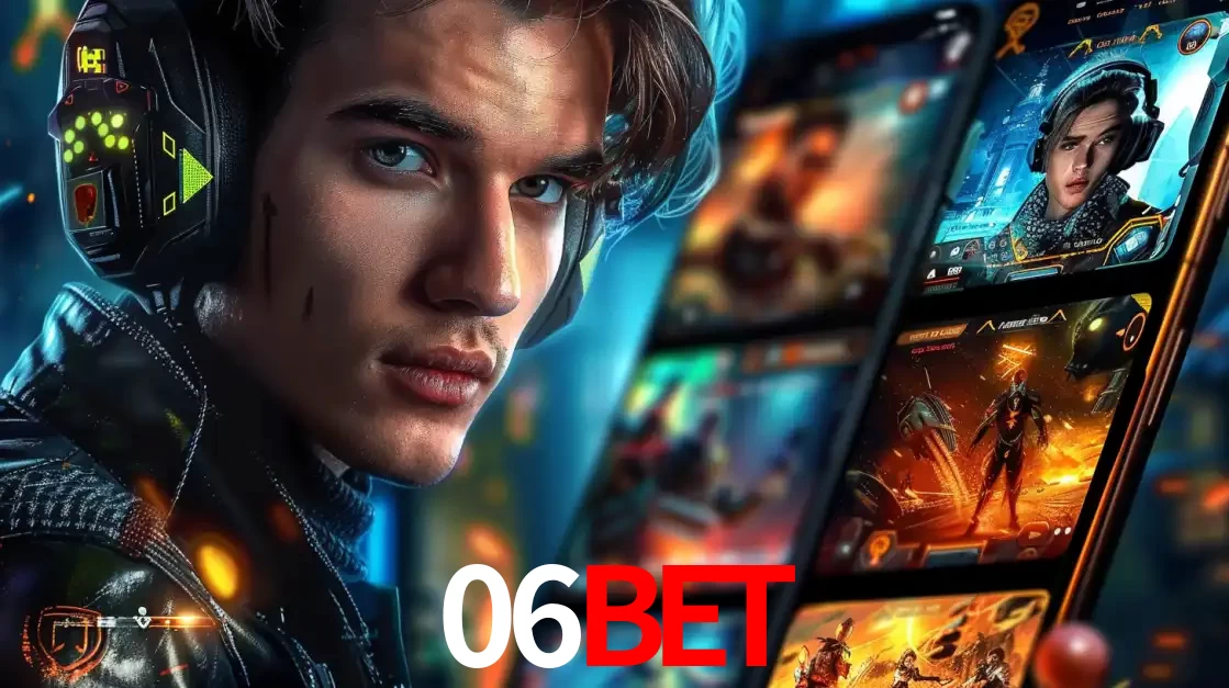 Jovem jogador com fones de ouvido olhando para a câmera, com um aplicativo de jogos e e-sports para celular ao fundo, pronto para a competição e apostas no 06bet.
