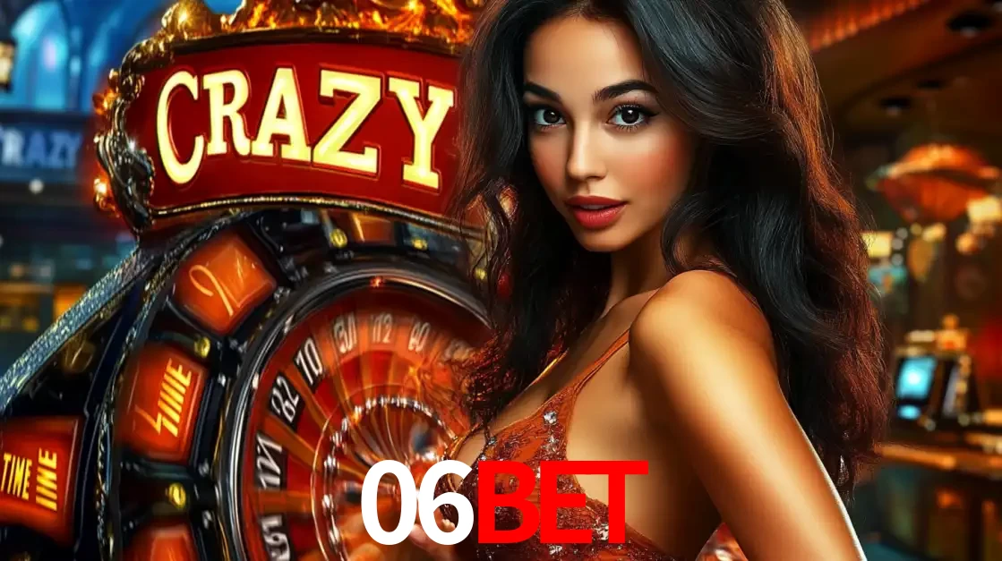 Mulher glamourosa olhando para a câmera com a roda vermelha do Crazy Time ao fundo em um ambiente de cassino, destacando a emoção dos jogos ao vivo no 06bet.