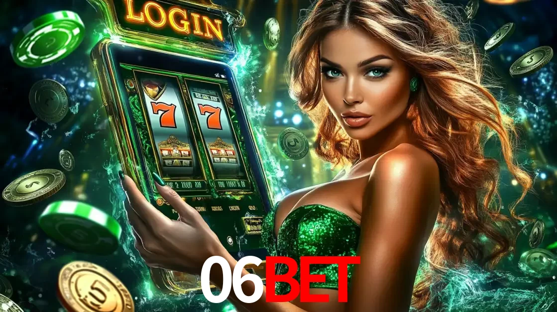 Mulher com tema verde apresentando o aplicativo do cassino 06bet com um jogo de slot de 777, cercada por fichas de cassino e uma aura de sorte.