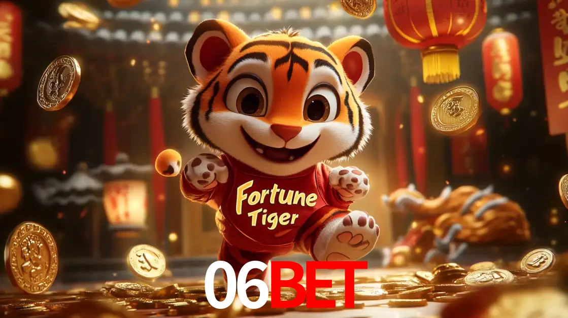 O alegre personagem do Fortune Tiger correndo sobre um caminho de moedas de ouro, simbolizando os grandes prêmios e a diversão do popular jogo de slot do 06bet.