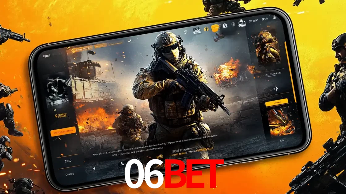 Um smartphone exibindo a interface de um jogo de tiro em primeira pessoa, com um soldado em um cenário de batalha, representando a ação dos e-sports para apostar no 06bet.