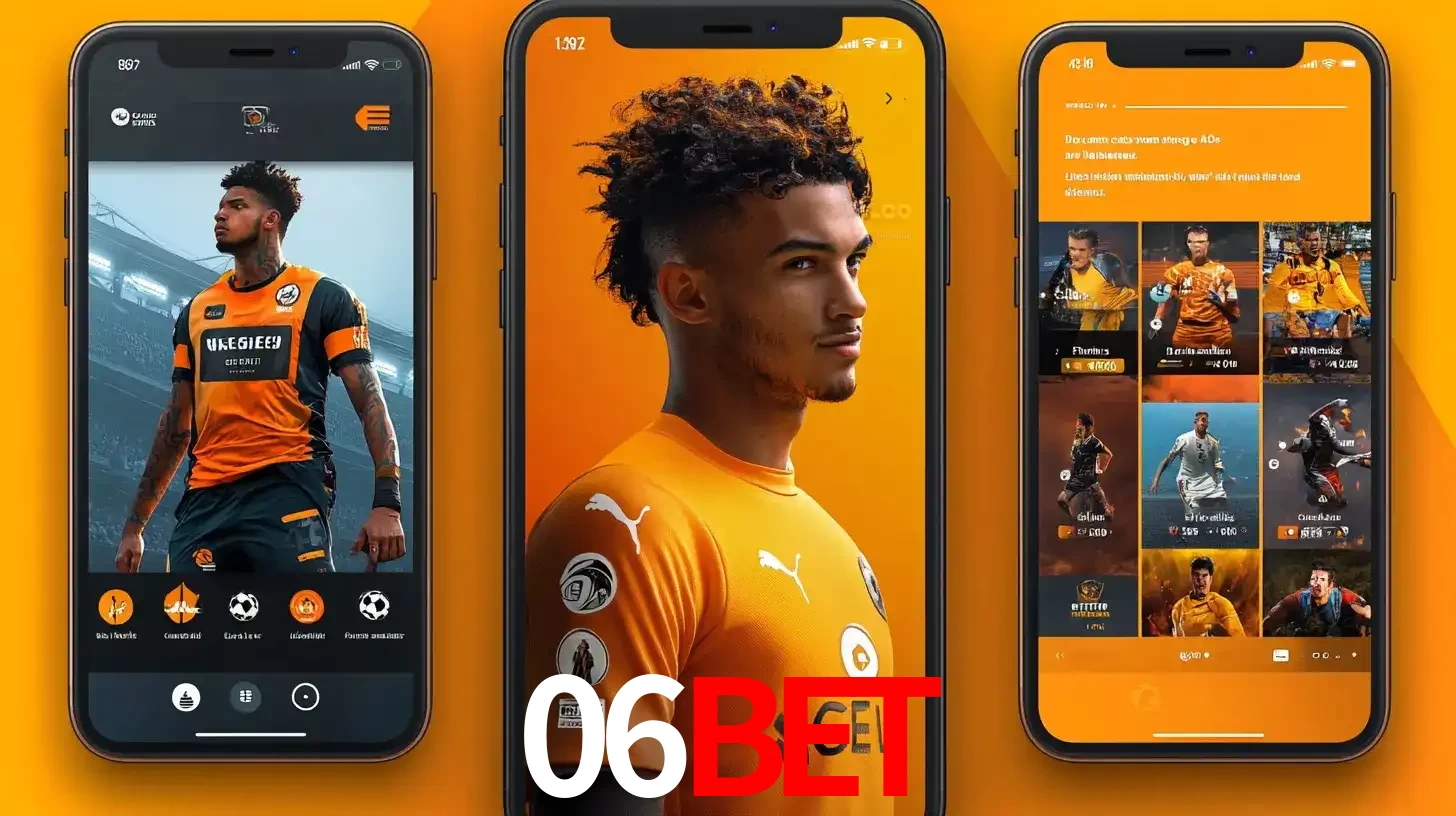 Interface do aplicativo de apostas esportivas 06bet em três telas de celular, mostrando o perfil de um jogador de futebol e a lista de jogos disponíveis para apostar.