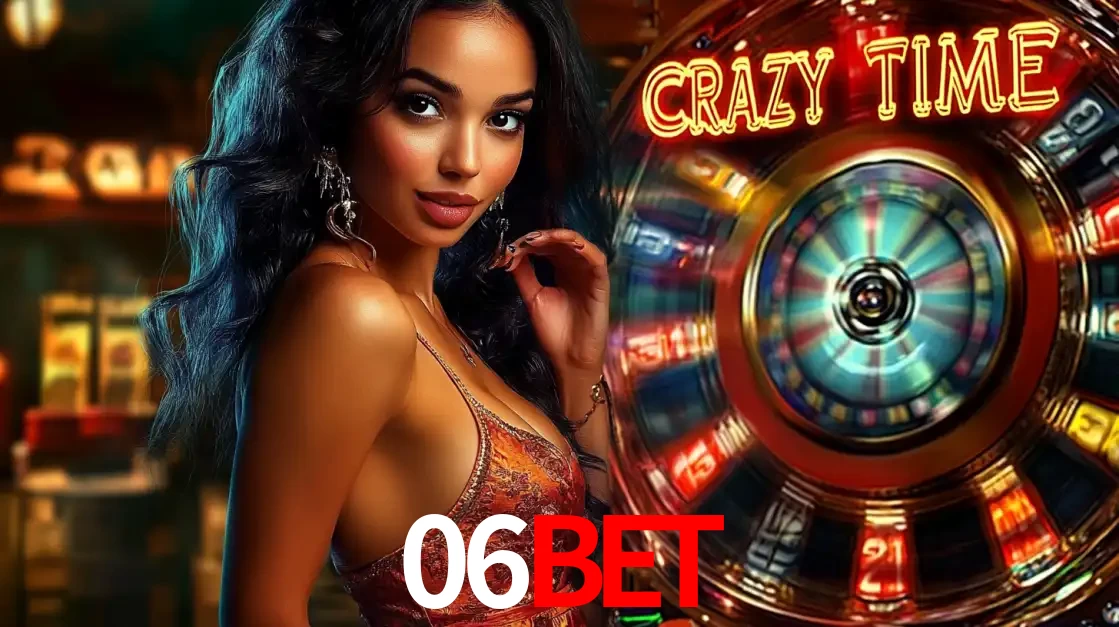 Mulher elegante ao lado da vibrante roda da fortuna do jogo de cassino ao vivo Crazy Time, um dos game shows mais populares e cheios de prêmios do 06bet.