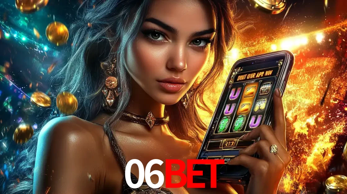 Mulher elegante mostrando um jogo de caça-níqueis em seu smartphone, destacando a experiência de cassino móvel oferecida pelo aplicativo 06bet.