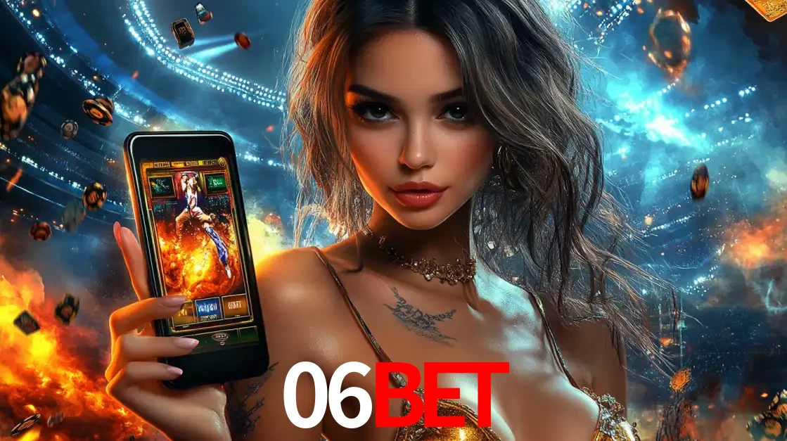 Mulher segurando um celular com um jogo de slot em destaque, tendo como fundo um estádio vibrante, simbolizando a emoção de jogar no cassino móvel 06bet.