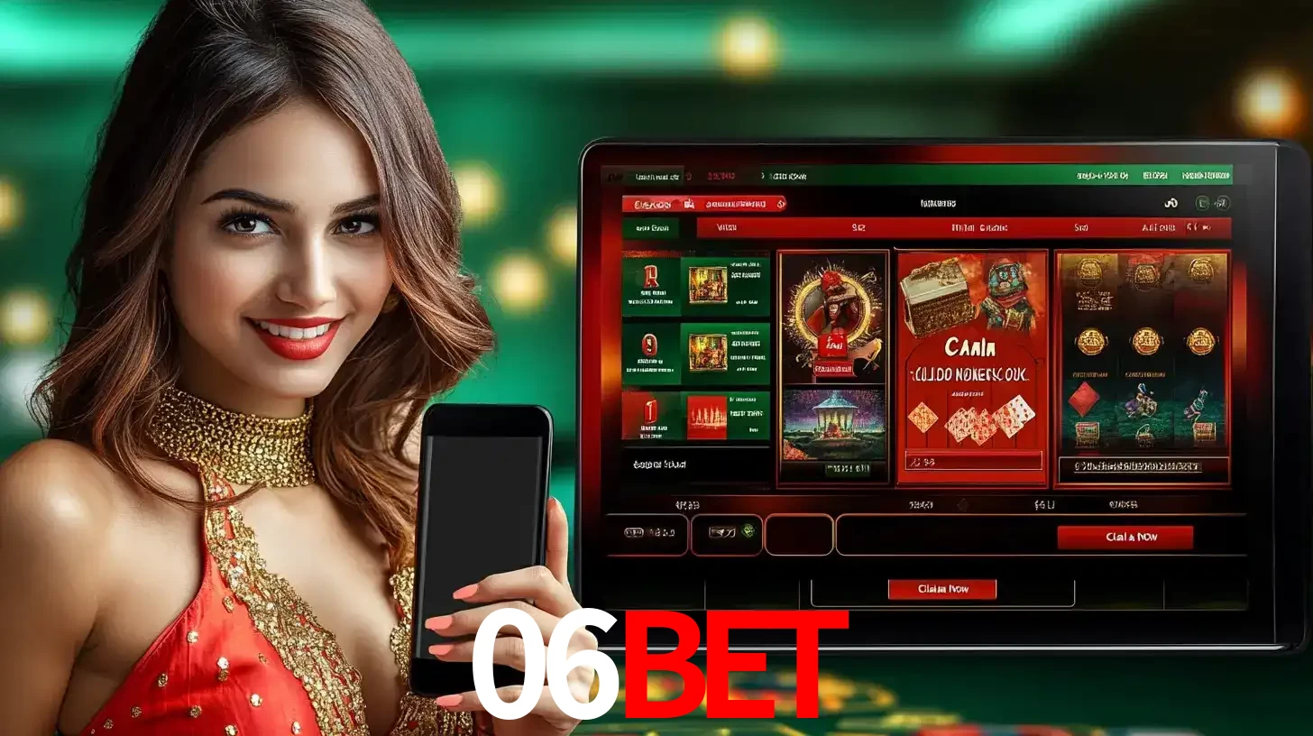 Mulher sorridente segurando um smartphone, ao lado de uma tela exibindo o lobby de jogos do cassino online 06bet, com várias opções de jogos de cartas e slots.